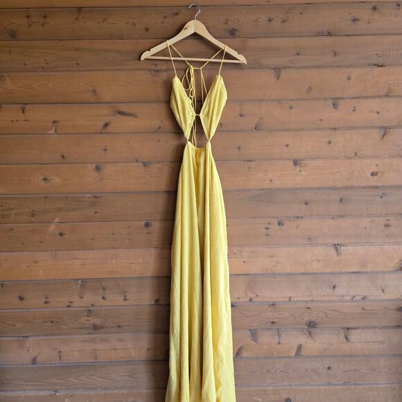 SABO Mable Dress Mustard Yellow NWT XL Crepe Cutout Midi Pleat Skirt Open Back - Picture 2 of 6